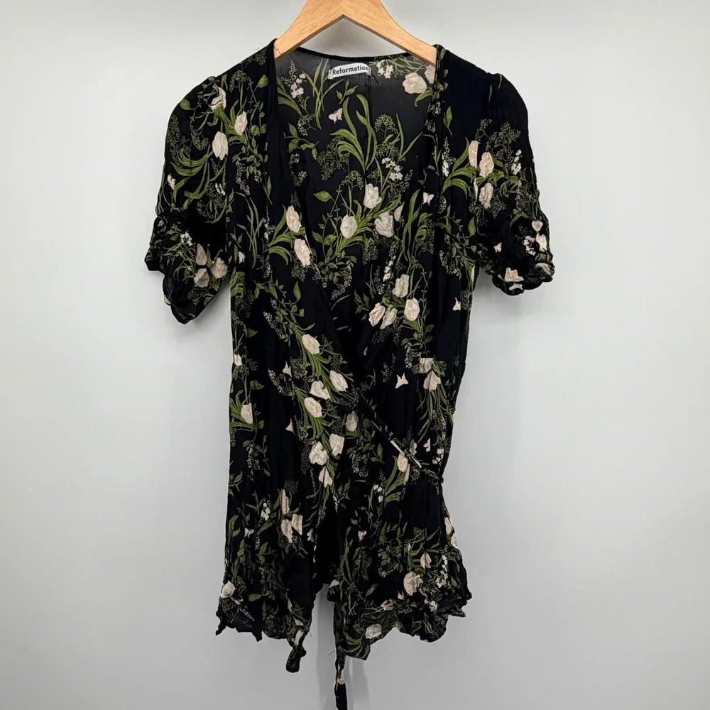 Reformation Lucky Wrap Romper XL Black Floral Viscose Ruffle Hem Womens